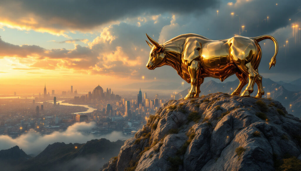 Glowing golden bull overlooking the city.