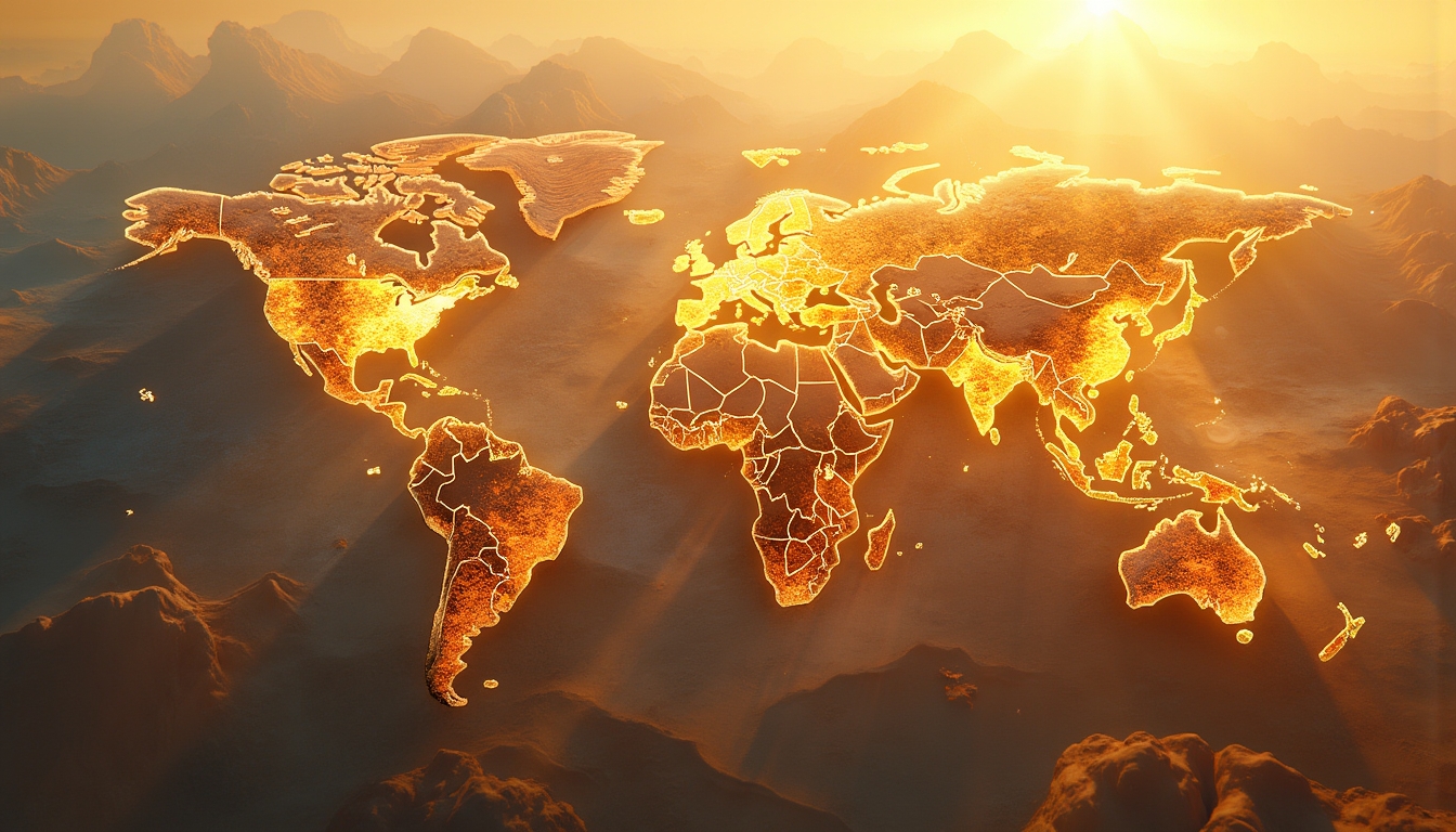 World map in golden hues, illustrating gold reserves and dollar dynamics.