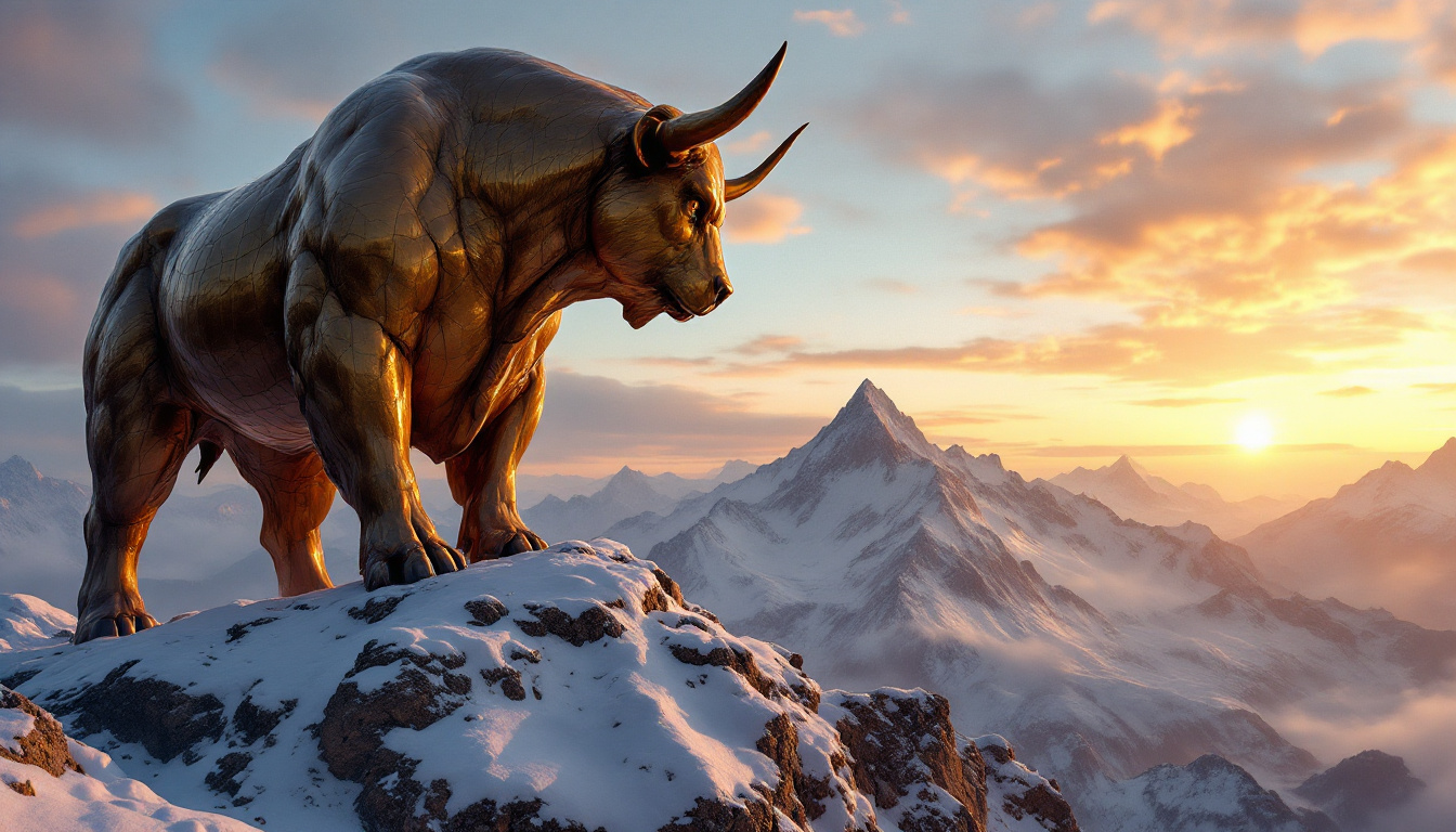 Golden bull on snowy mountain peak.