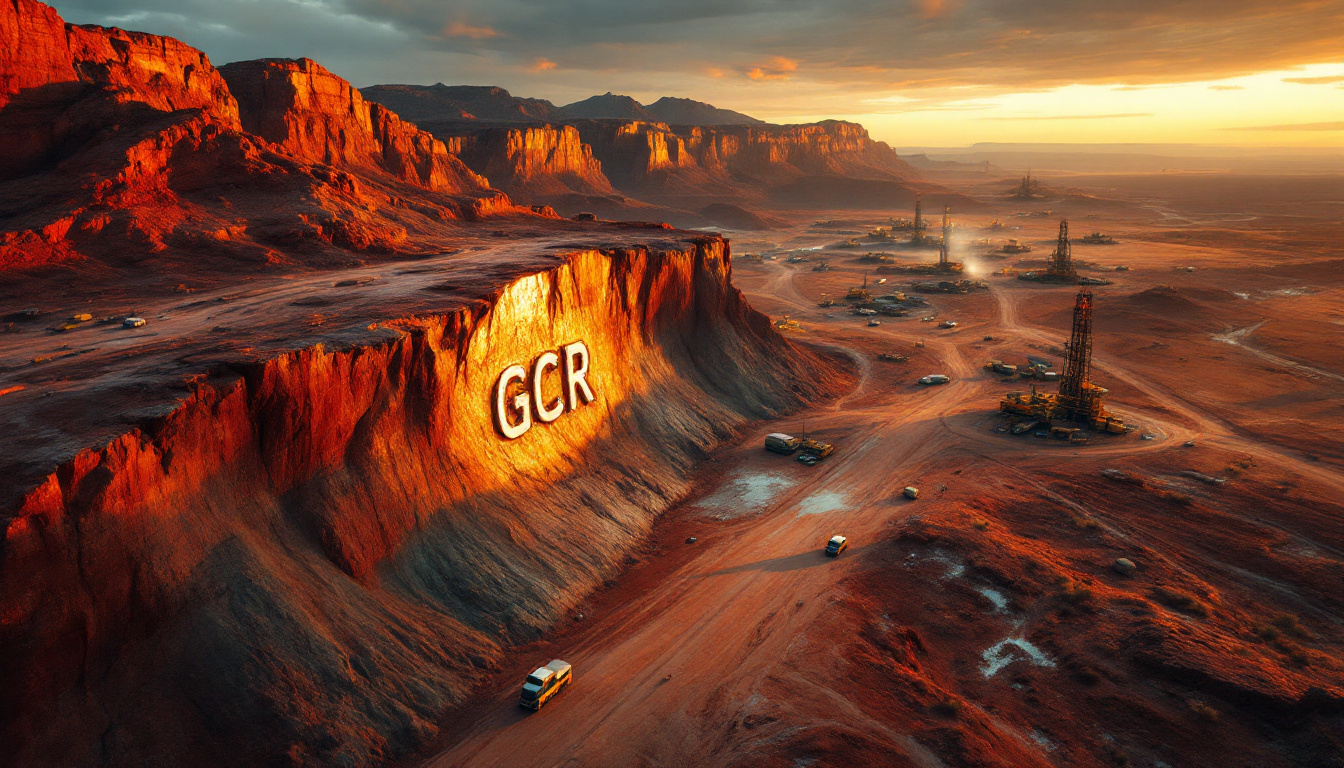 Golden Cross Resources Ltd-GCR-Red desert landscape with "GCR" carved in a cliff, oil rigs and vehicles in the distance at sunset.