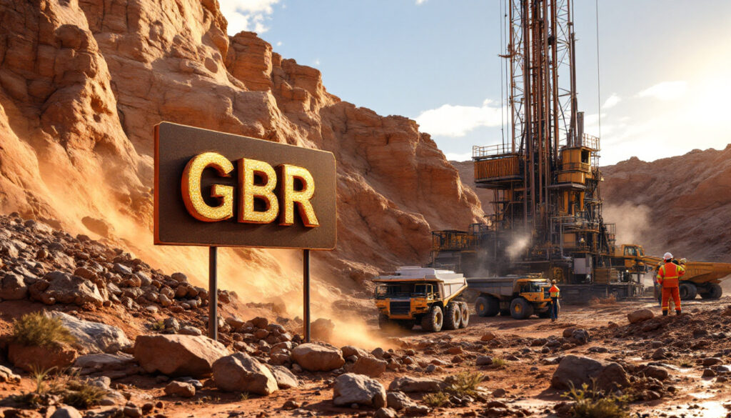 Great Boulder Resources Ltd-GBR-Desert mining scene with machinery, workers, and a "GBR" sign in rocky terrain.