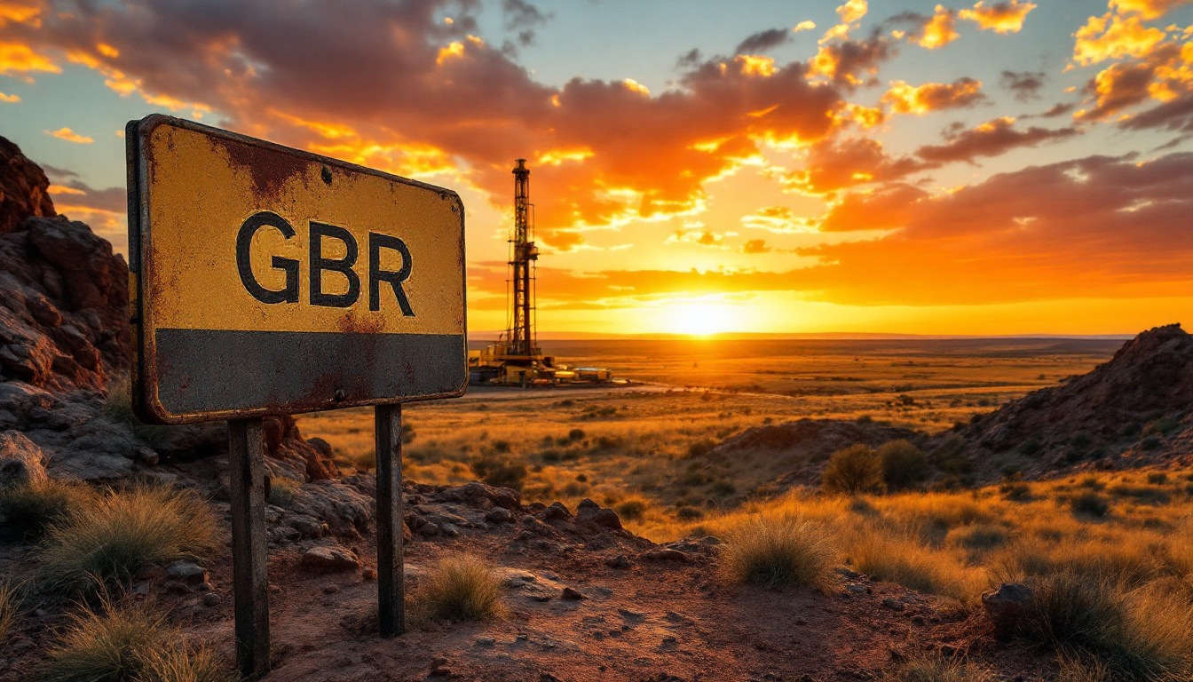 Great Boulder Resources Ltd-GBR-Rusty GBR sign with an oil rig in a desert at sunset.