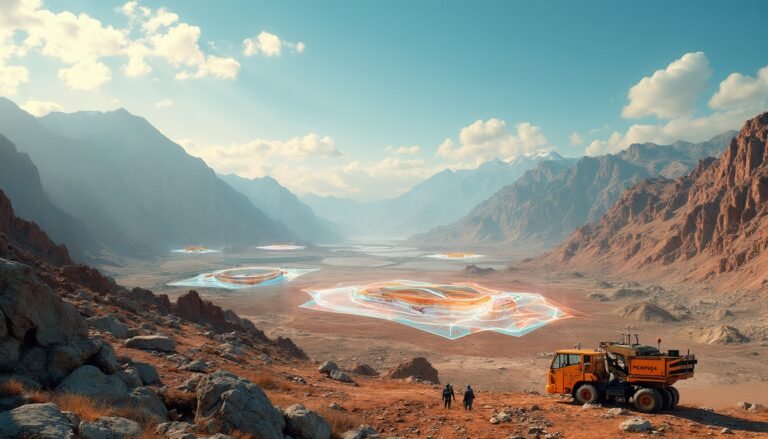 Mountainous landscape, critical minerals exploration holograms.