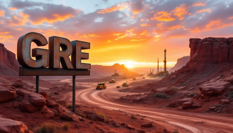 Greentech Metals Ltd-GRE-Sunset over a desert landscape with large "GRE" letters and construction in the background.