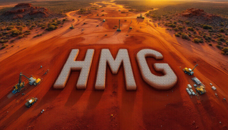 Hamelin Gold Ltd-HMG-HMG letters in desert landscape construction.