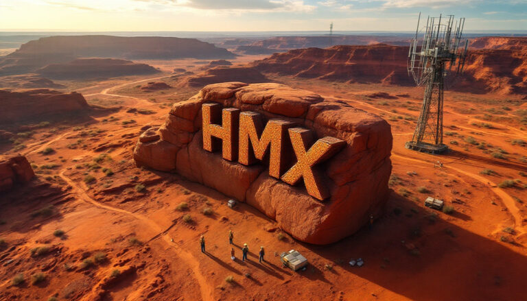Hammer Metals Ltd-HMX-Desert landscape with "HMX" carved in rock, a tall antenna, and people standing near the formation.