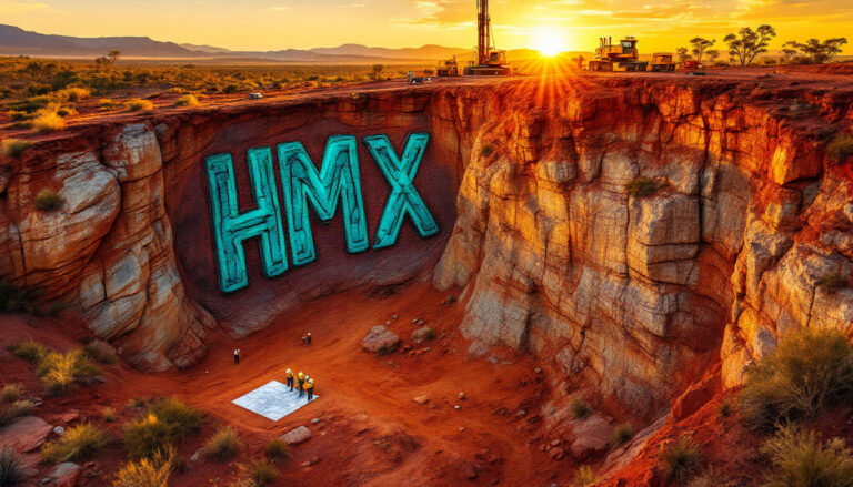 Hammer Metals Ltd-HMX-Drone view of a canyon with "HMX" graffiti, workers, and machinery at sunset.