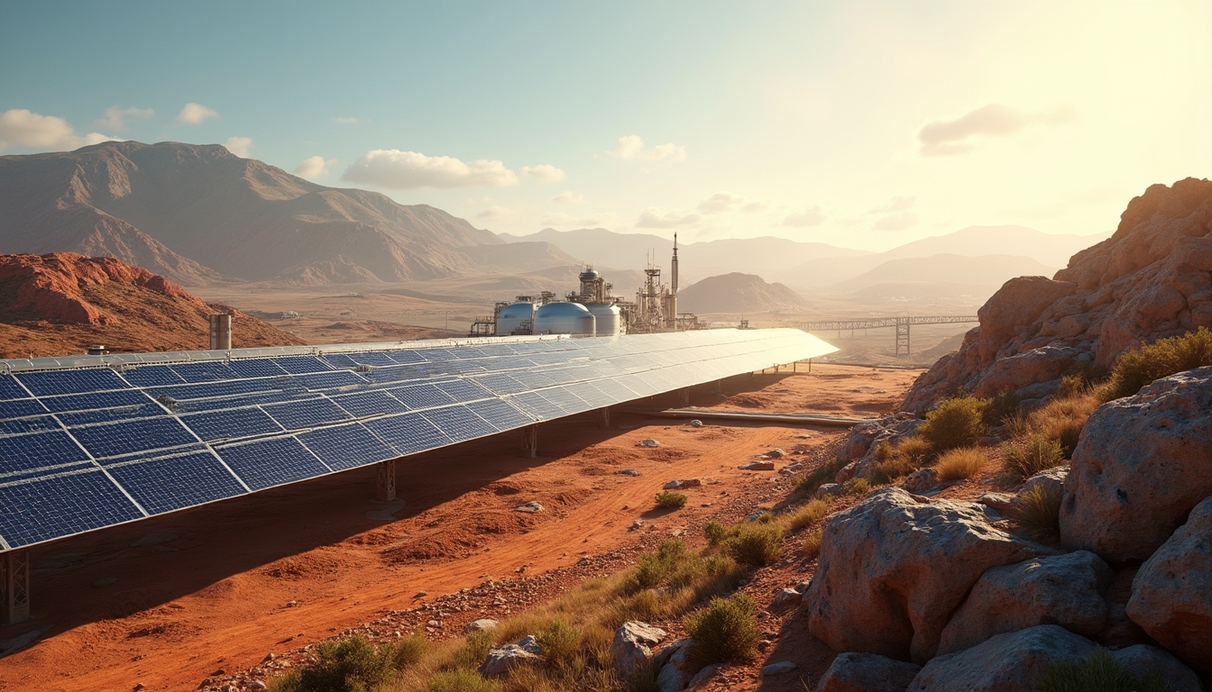 Solar panels in desert landscape, morning.