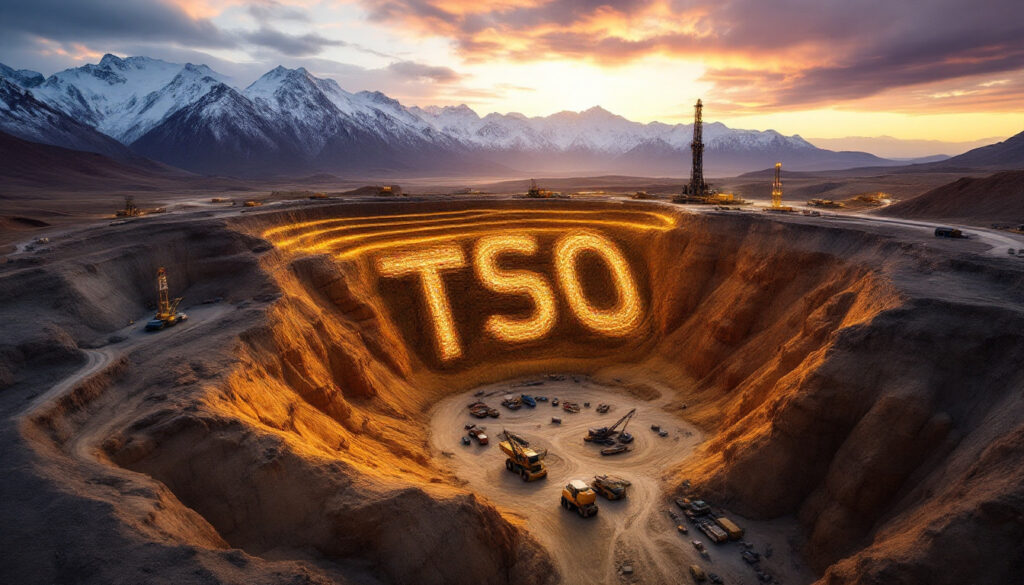 Tesoro Gold Ltd-TSO-Sunlit quarry with "TSO" illuminated on the ground, surrounded by mountains and construction vehicles.