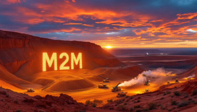 MT Malcolm Mines NL-M2M-"M2M" in bold lights on a desert landscape, with trucks and a vivid sunset sky.