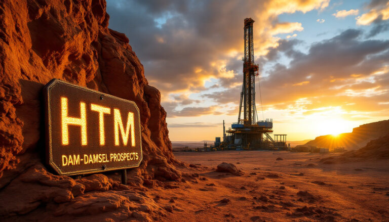 High-Tech Metals Ltd-HTM-Sunset over an industrial drilling rig in a rocky desert with a sign saying "HTM Dam-Damsel Prospects."