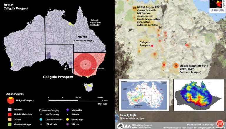Impact Minerals Ltd-IPT-Map of Caligula Prospect, highlighting mineral exploration zones in Australia, with colorful markers.