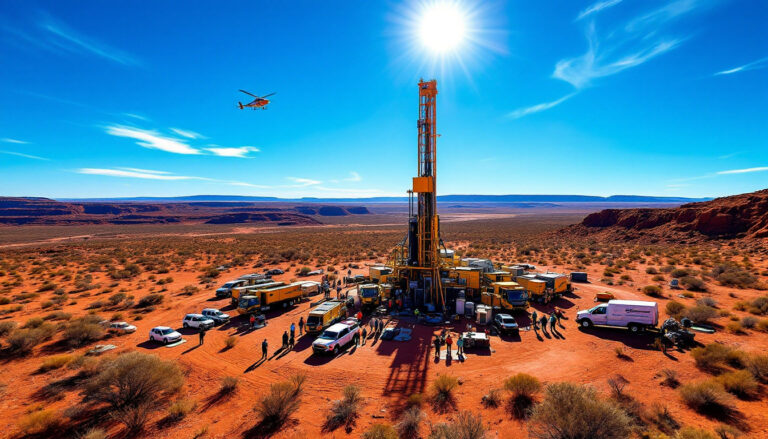 Impact Minerals Ltd-IPT-Desert drilling operation under bright sun, with vehicles and a helicopter overhead.