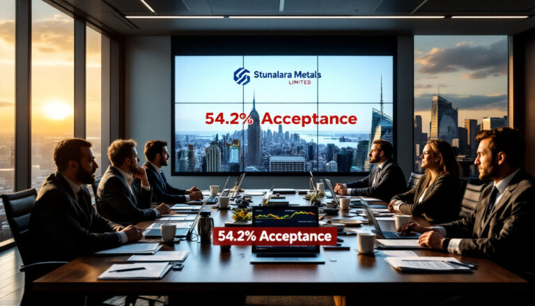 Inca Minerals Ltd-ICG-Business meeting in a conference room with city view, showing 54.2% acceptance on screen.