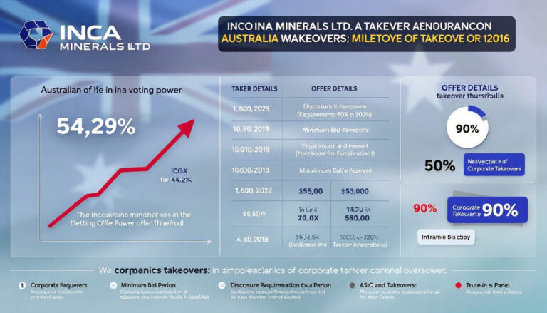 Inca Minerals Ltd-ICG-Infographic with a rising line graph showing 54.29% voting power and takeover details in tables.