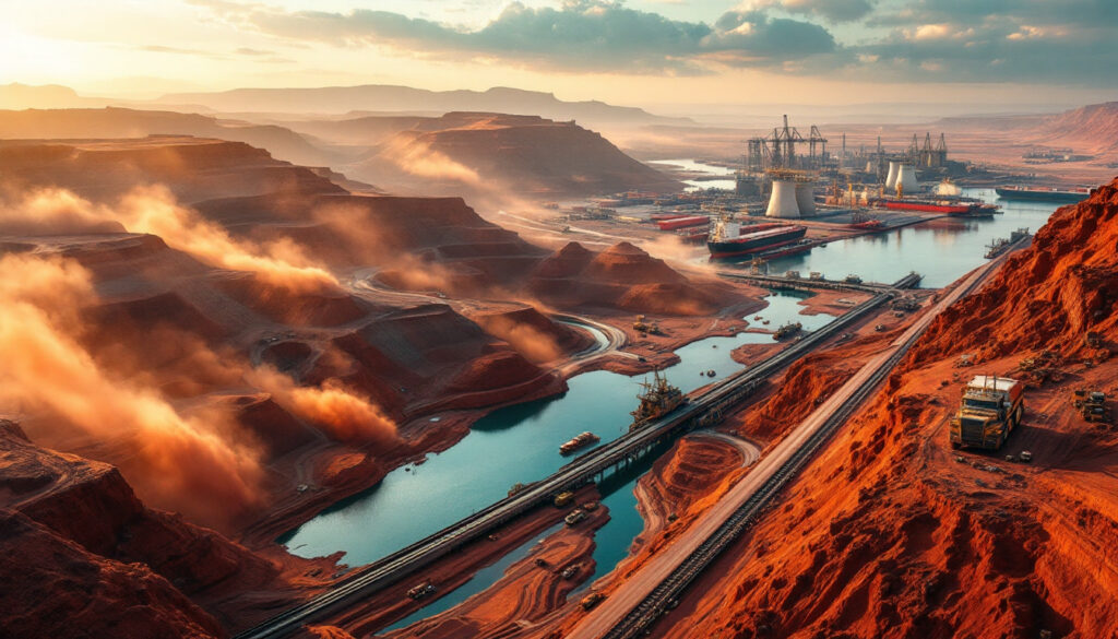 Iron ore mining landscape at sunset.