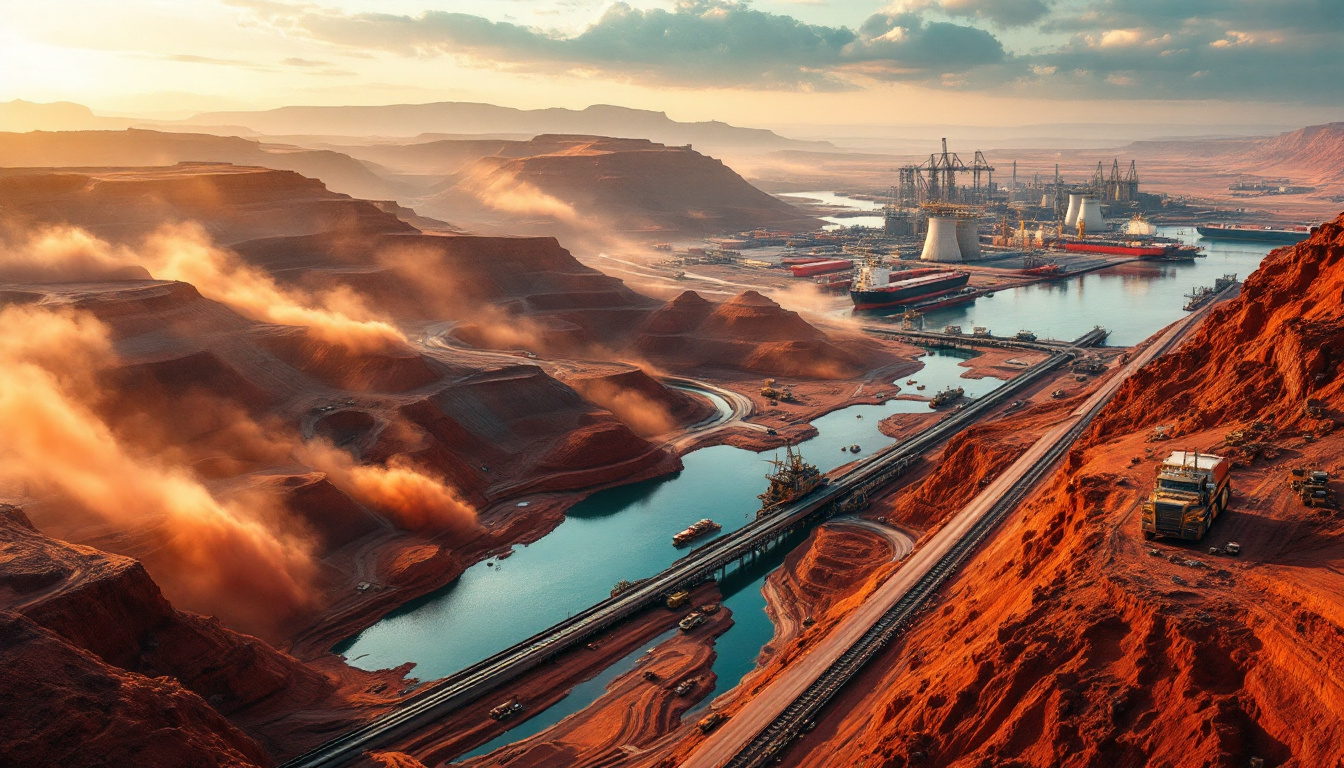 Iron ore mining landscape at sunset.