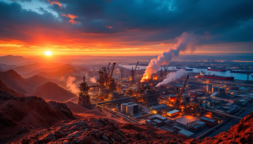 Industrial landscape at sunset reflecting China’s iron ore demand prospects.