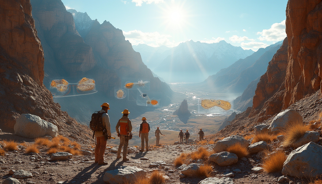 Exploration team overlooking mountainous landscape.