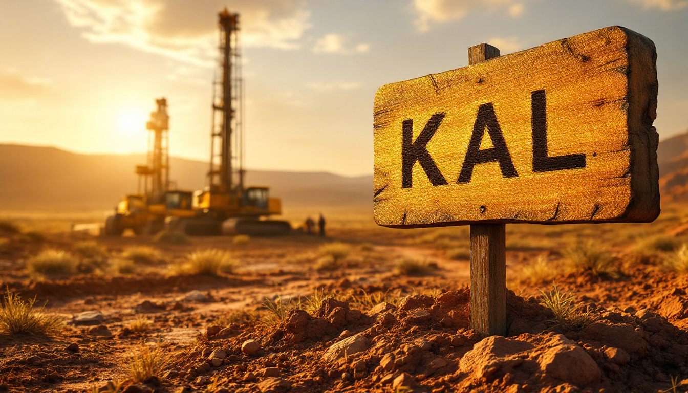 Kalgoorlie Gold Mining Ltd-KAL-Wooden "KAL" sign in sunlit desert with drilling rigs in the background.