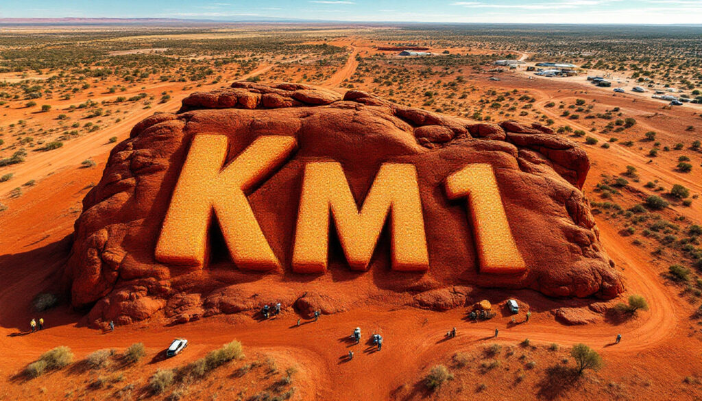 Kali Metals Ltd-KM1-Giant "KM1" engraved on a red desert rock with sparse vegetation and cars below.