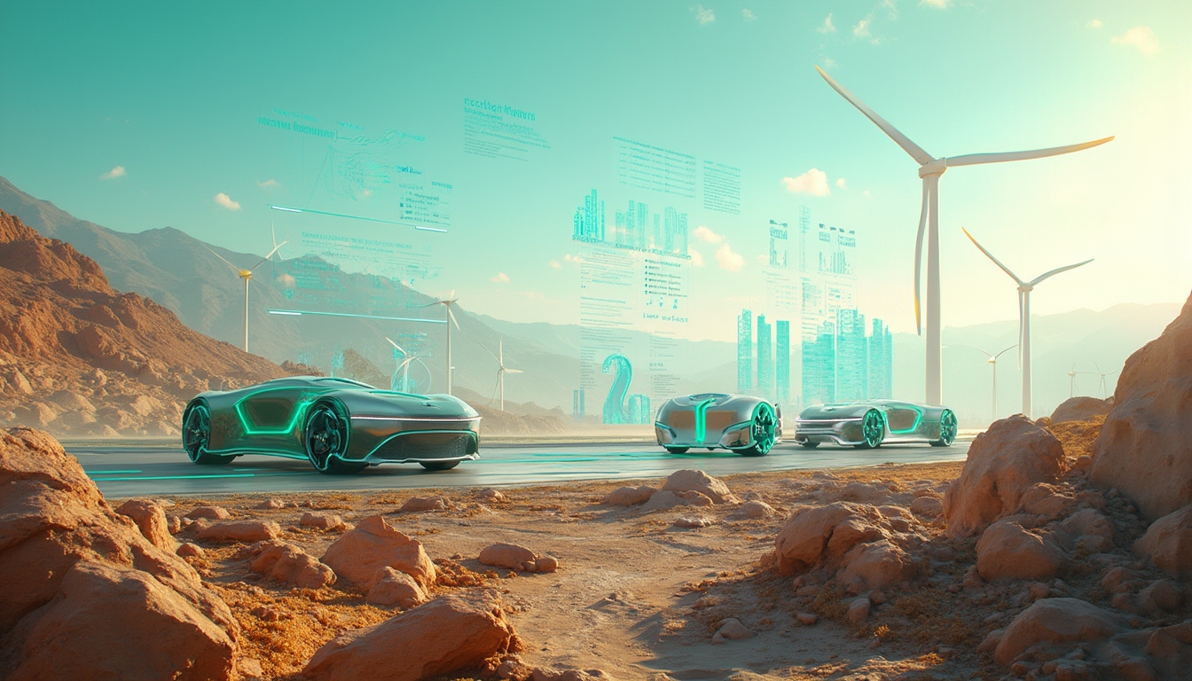 Futuristic EVs in desert with windmills.