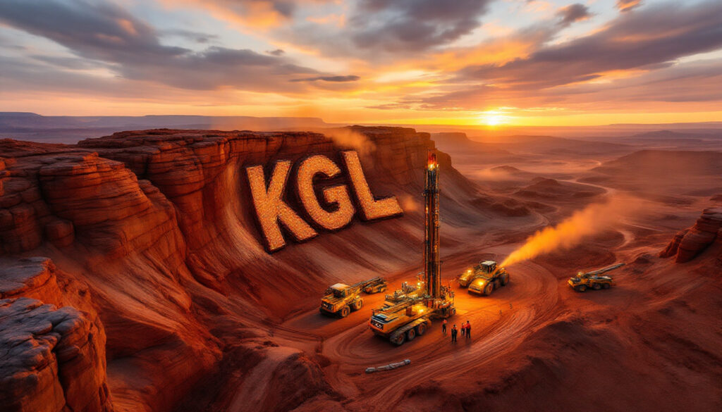 KGL Resources Ltd-KGL-Desert scene with "KGL" carved in a canyon; machinery and people work under a vibrant sunset.