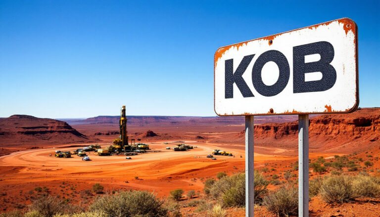 Koba Resources Ltd-KOB-Desert landscape with a sign reading "KOB" and an oil drilling rig in the background.