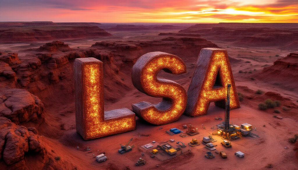 Lachlan Star Ltd-LSA-Giant letters "LSA" glow in a desert landscape at sunset with construction vehicles nearby.