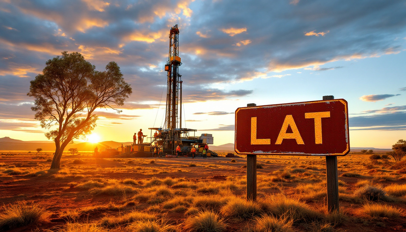 Latitude 66 Ltd-LAT-Oil rig at sunrise in a desert landscape with a tree and a sign reading "LAT" in the foreground.