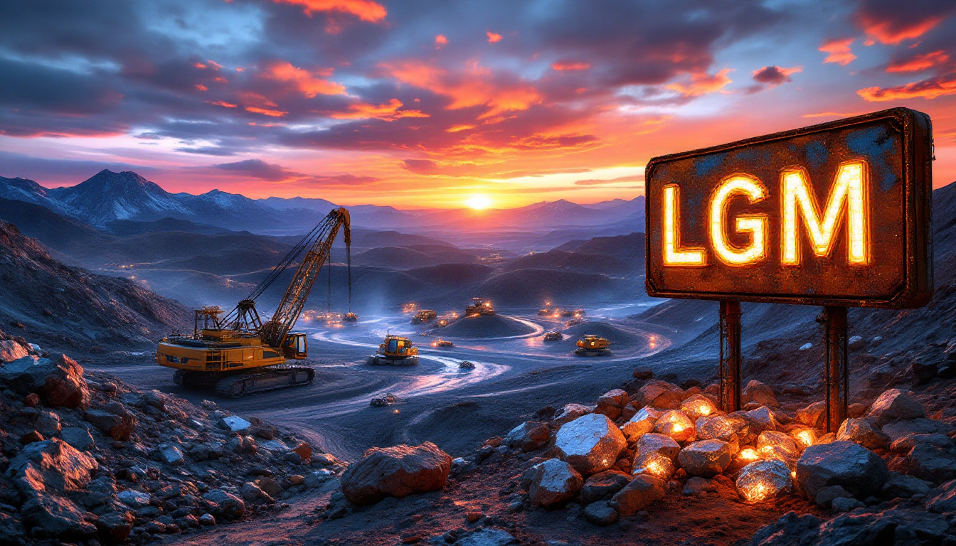 Legacy Minerals Holdings Ltd-LGM-Mountainous mining site at sunset with machinery and an illuminated "LGM" sign.