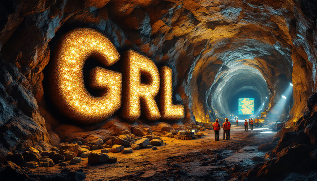 Godolphin Resources Ltd-GRL-Large glowing "GRL" letters in an illuminated cave with workers wearing orange vests.