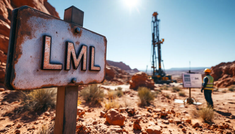 Lincoln Minerals Ltd-LML-Rusty "LML" sign in desert with worker and drill rig in background.