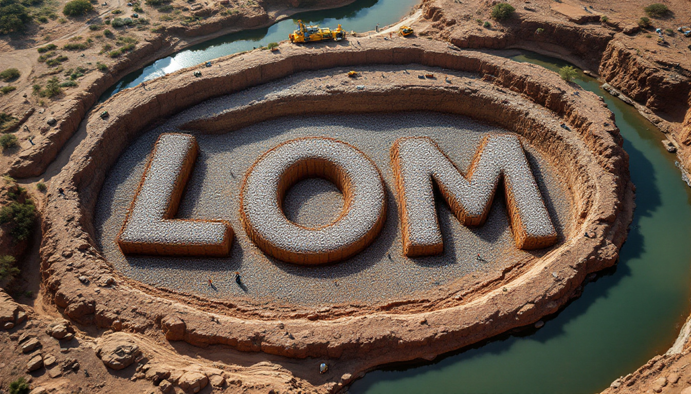 Lucapa Diamond Company Ltd-LOM-Giant letters "LOM" made of rocks in a circular quarry surrounded by water.