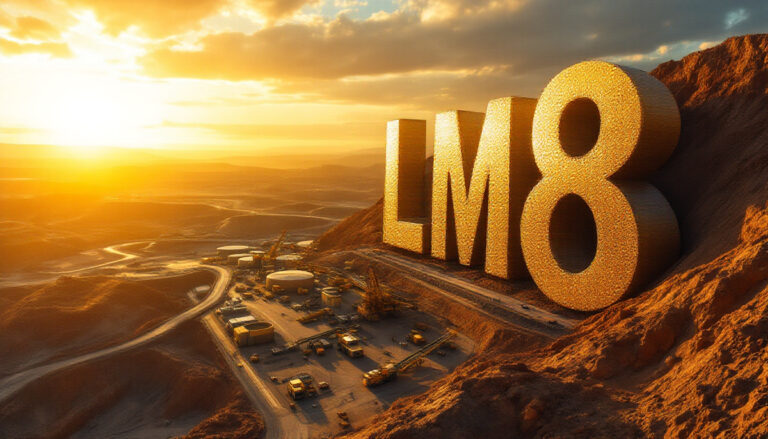 Lunnon Metals Ltd-LM8-Large golden "LM8" letters on a mining landscape at sunset.