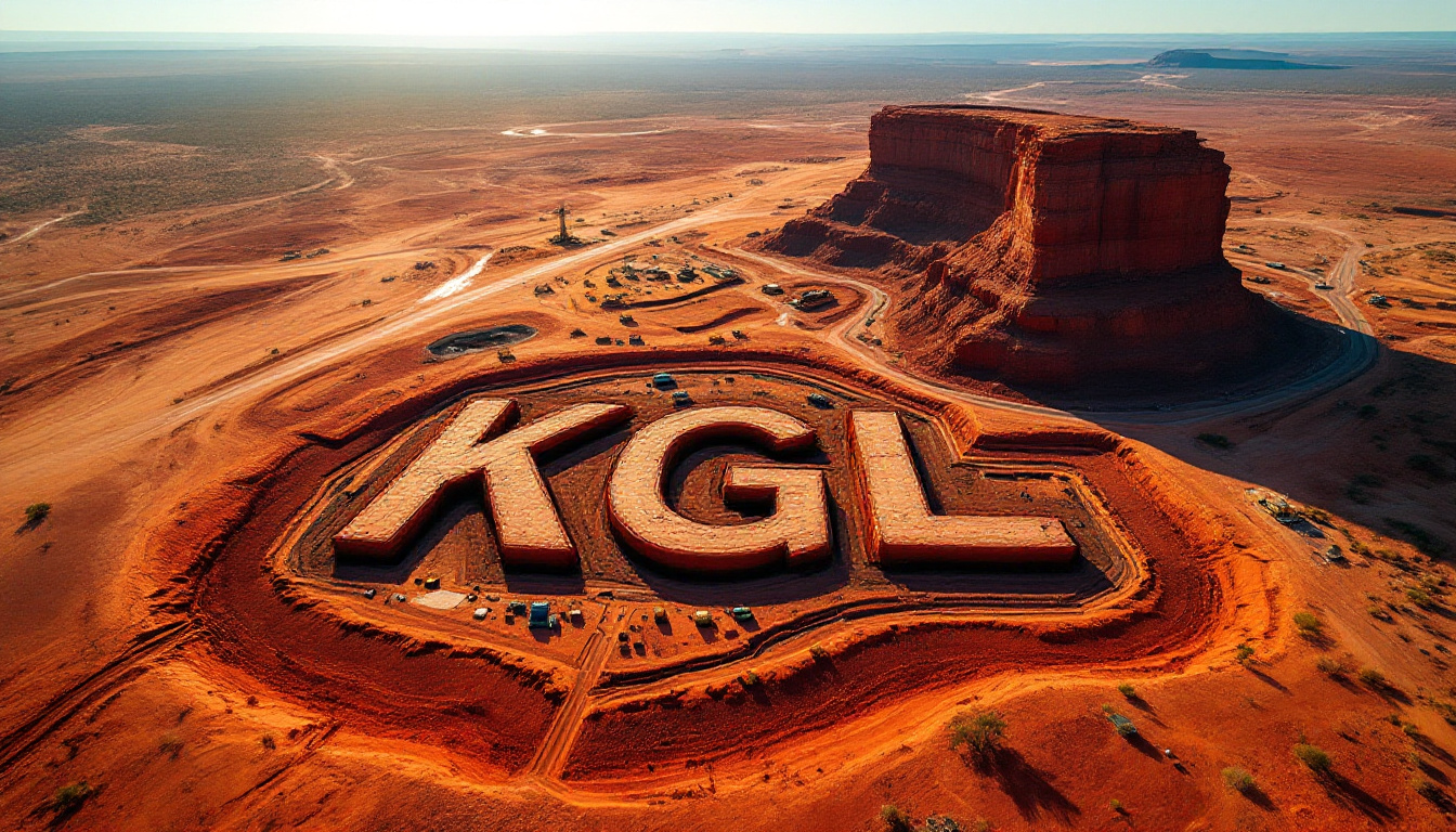 KGL Resources Ltd-KGL-Desert landscape with large "KGL" letters carved into the red earth, near a rock formation.