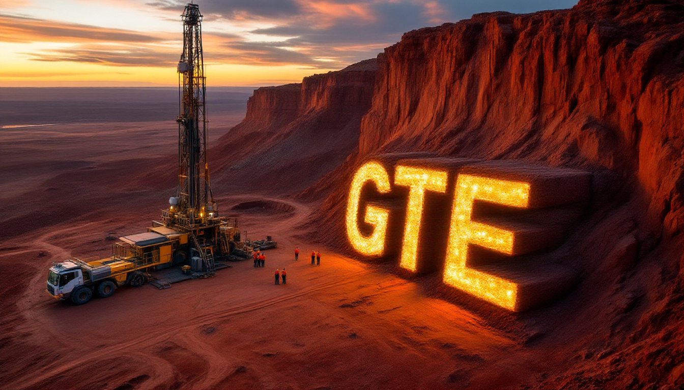 Great Western Exploration Ltd-GTE-Drilling rig in desert at sunset, glowing "GTE" letters carved in cliffside.