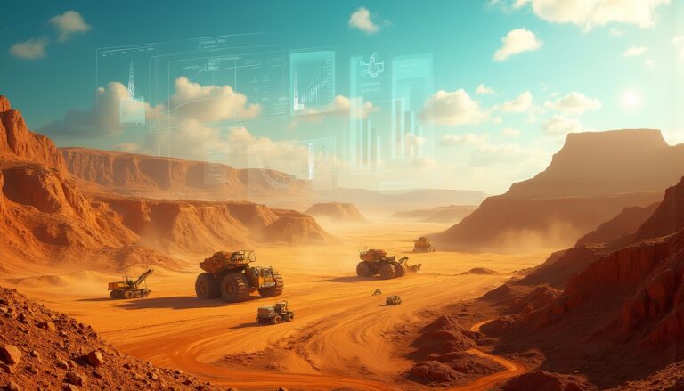 Desert mining operations with futuristic data overlay.