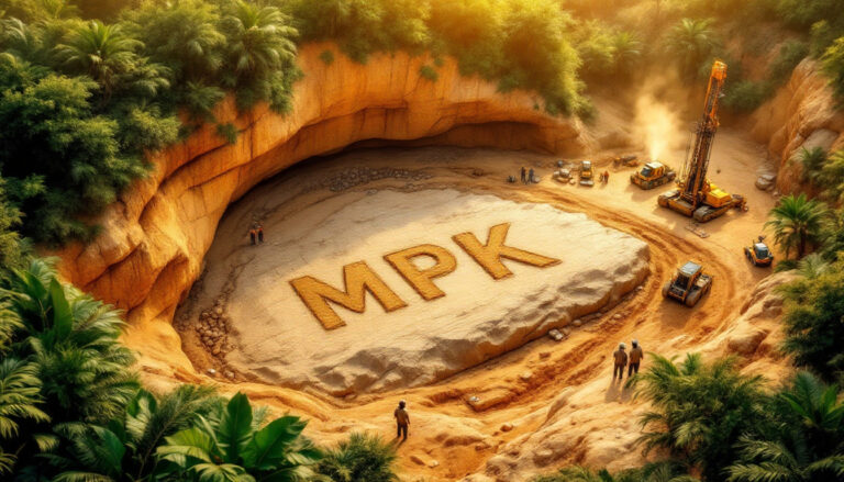 Many Peaks Minerals Ltd-MPK-Aerial view of a construction site in a pit with "MPK" written on the ground.