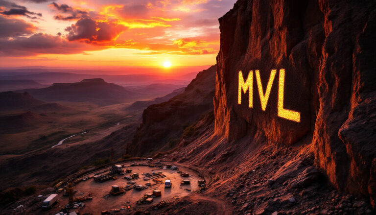 Marvel Gold Ltd-MVL-Sunset over mountains and a lit "MVL" sign carved into the cliff.