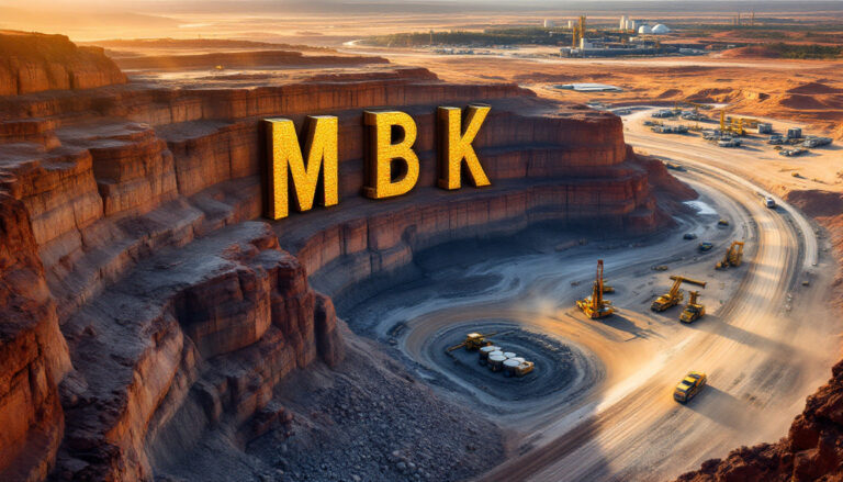 Metal Bank Ltd-MBK-Large golden "MBK" letters above a vast canyon and mining site with machinery and dirt roads.