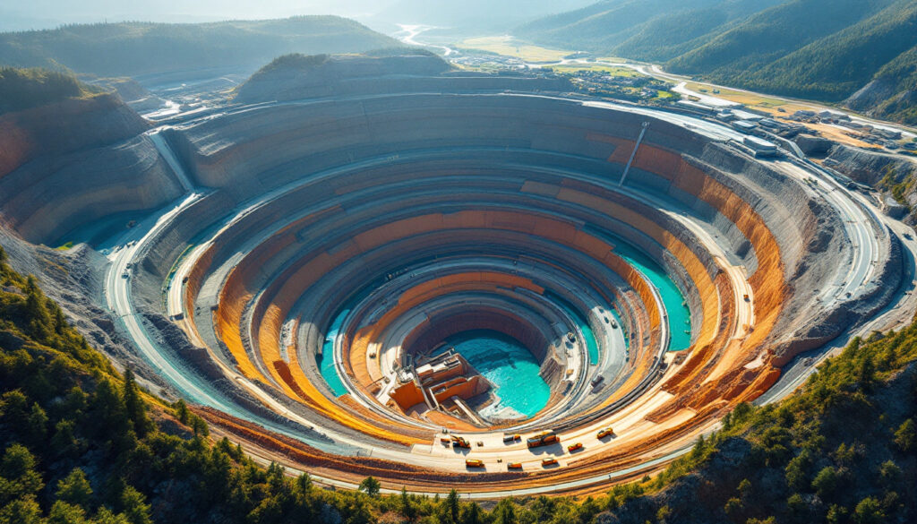 Aerial view of vast open-pit mine.