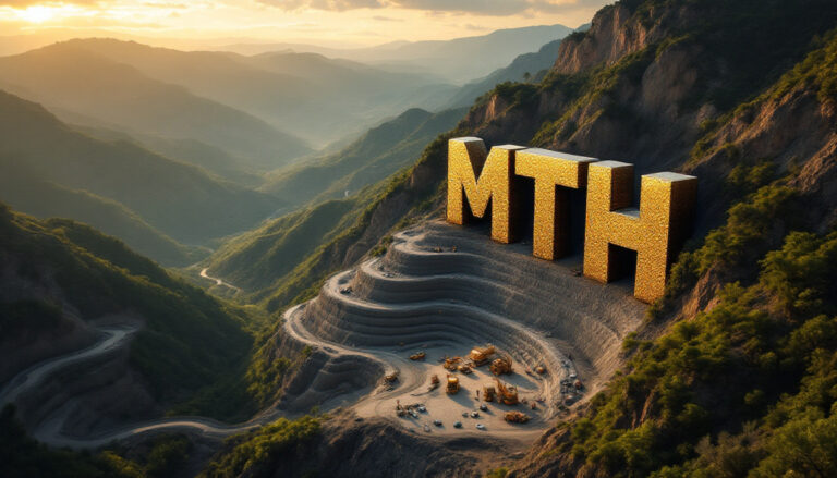 Mithril Silver and Gold Ltd-MTH-Large golden letters "MTH" on a terraced mountainside with construction equipment below.