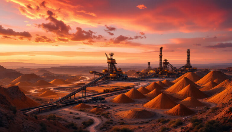 High-Tech Metals Ltd-HTM-Mining facility at sunset with machinery and mounds of earth under a vibrant orange sky.
