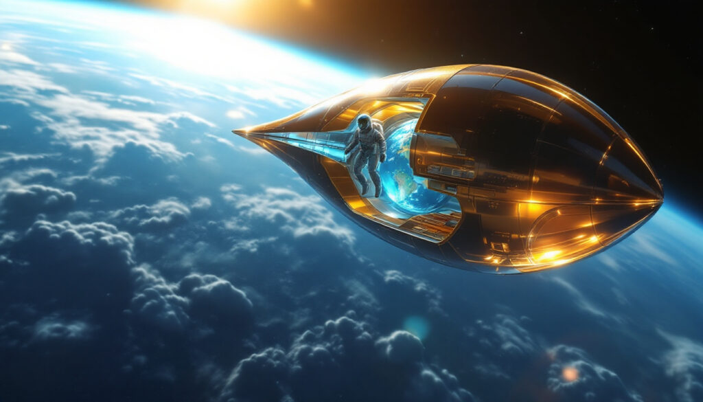 NASA astronauts in futuristic spacecraft, 2025.