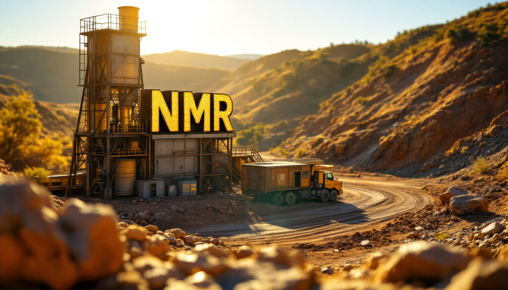 Native Mineral Resources Holdings Ltd-NMR-Industrial building with "NMR" sign, surrounded by rocky terrain and a dirt road.