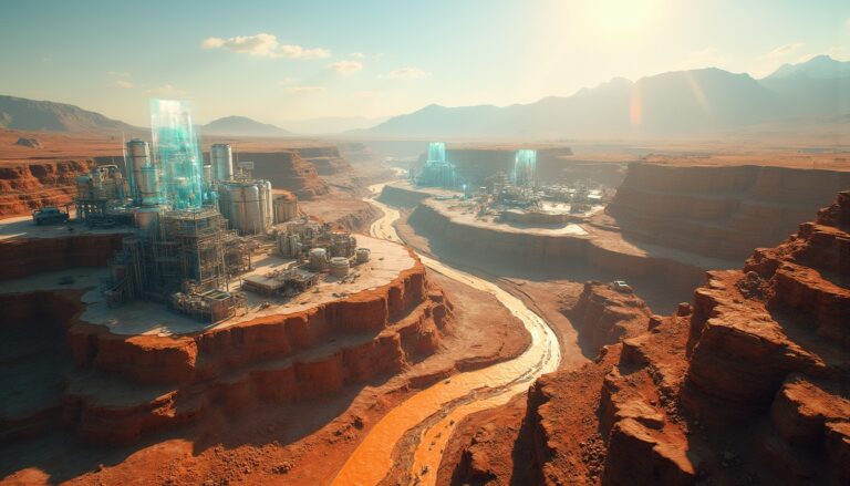 Futuristic energy facility in desert landscape.