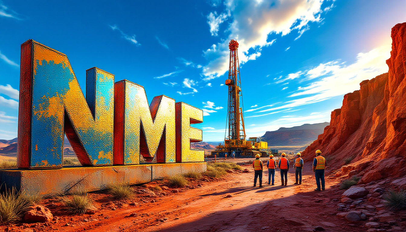 NEX Metals Exploration Ltd-NME-Large NME letters in desert landscape with workers and drilling rig under blue sky.