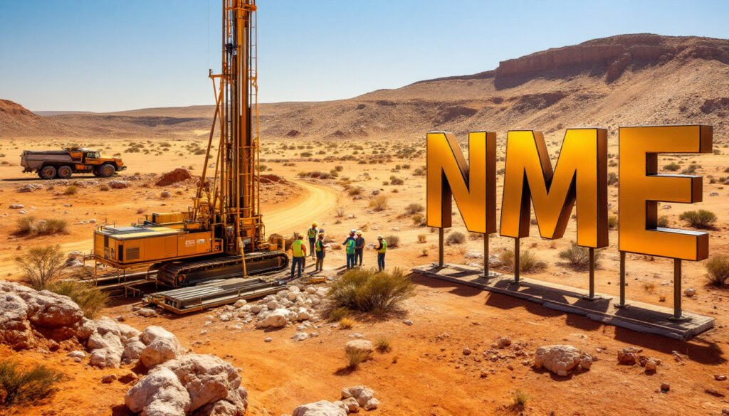 NEX Metals Exploration Ltd-NME-Construction crew in desert with large "NME" letters and heavy machinery.