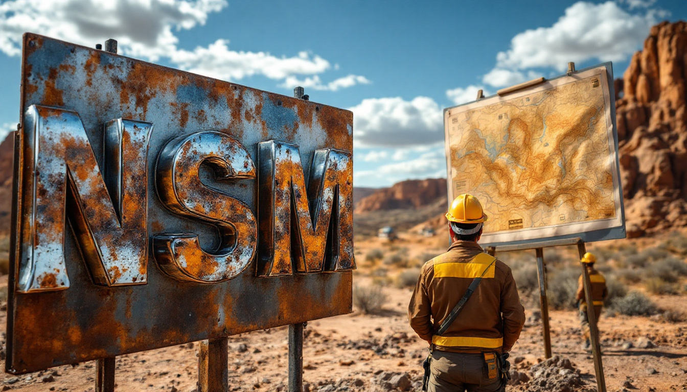 North Stawell Minerals Ltd-NSM-Worker studying a map in a desert, beside a rusty sign with "NSM" letters.